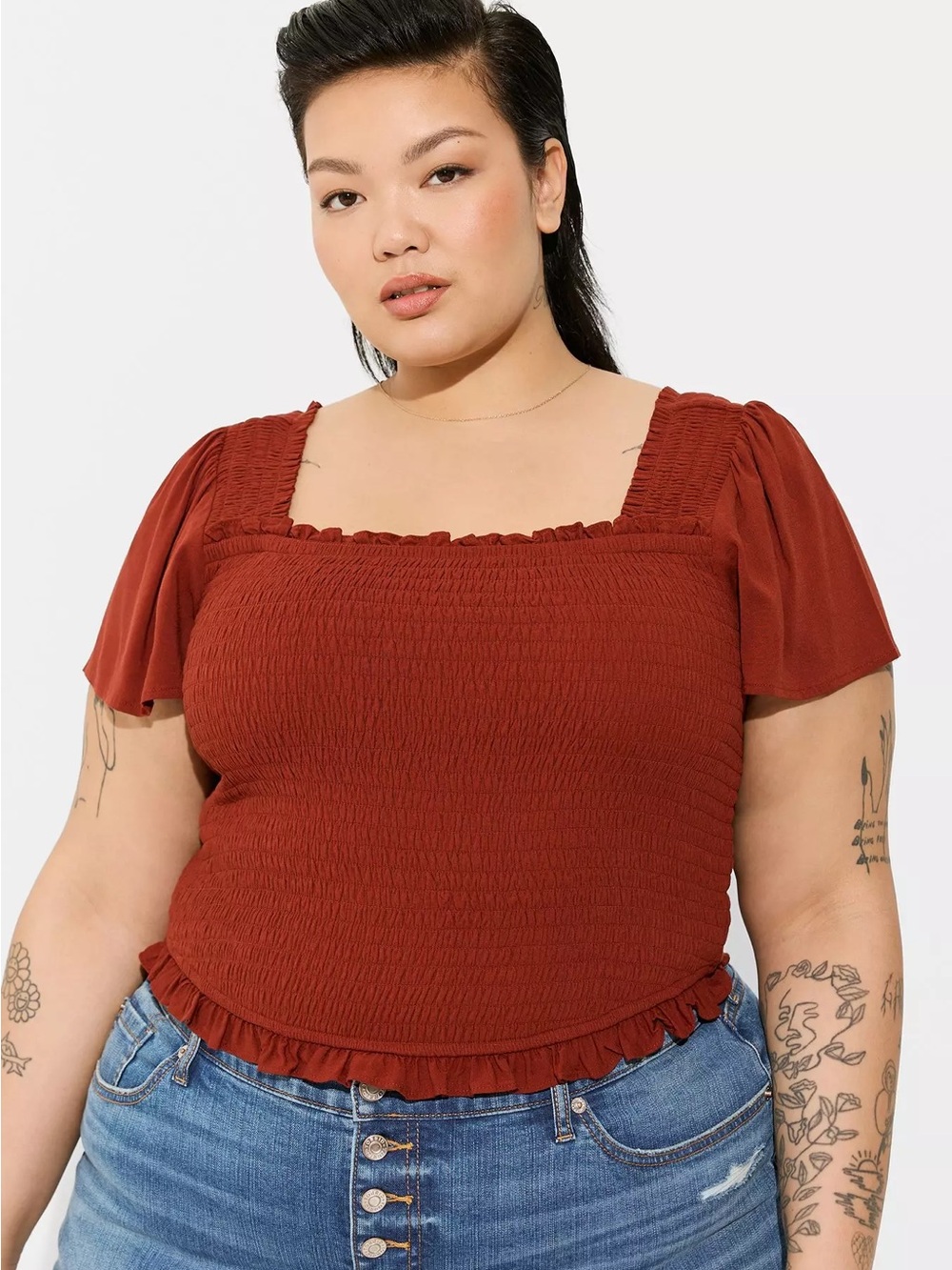 Torrid Rust Terracotta Smocked Ruffle Puff Sleeve Blouse Crop Top 4X Size 4